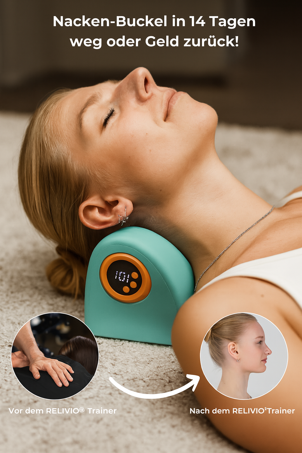 RELIVIO™ – 4-in-1 Nacken‑Entlastungssystem mit Wärme, EMS & Massage